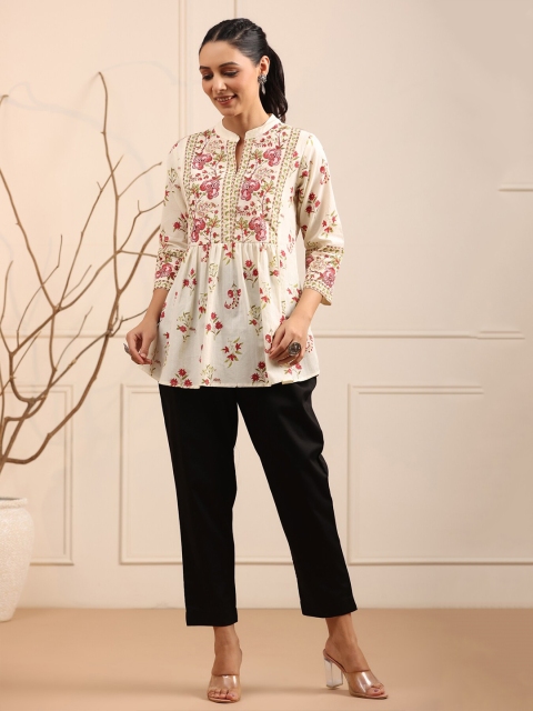 Rain & Rainbow Floral Printed Mandarin Collar Pure Cotton A-Line kurti - Image 5