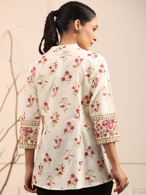 Rain & Rainbow Floral Printed Mandarin Collar Pure Cotton A-Line kurti - Image 4
