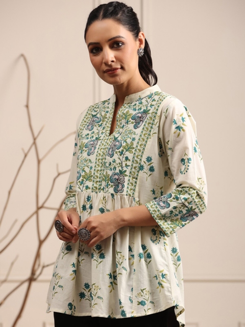 Rain & Rainbow Floral Printed Mandarin Collar Pure Cotton A-Line kurti - Image 4