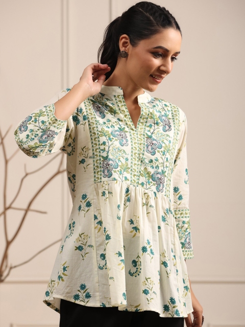 Rain & Rainbow Floral Printed Mandarin Collar Pure Cotton A-Line kurti - Image 3