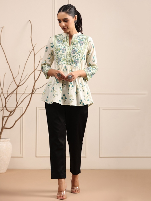 Rain & Rainbow Floral Printed Mandarin Collar Pure Cotton A-Line kurti - Image 6