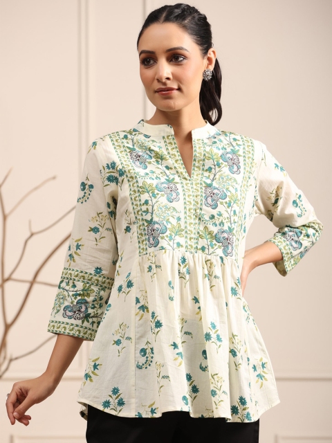 Rain & Rainbow Floral Printed Mandarin Collar Pure Cotton A-Line kurti - Image 7