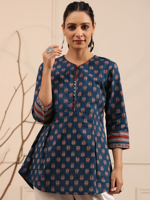 Rain & Rainbow Navy Blue & Red Ethnic Motifs Printed Pure Cotton Kurti