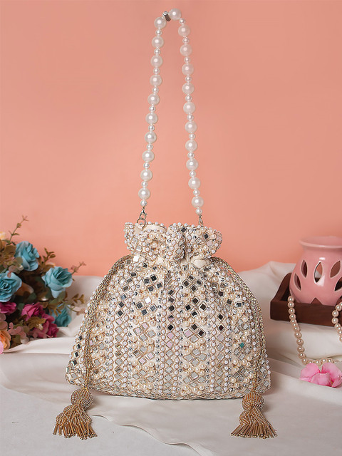 Swisni Off White Embroidered Potli Clutch