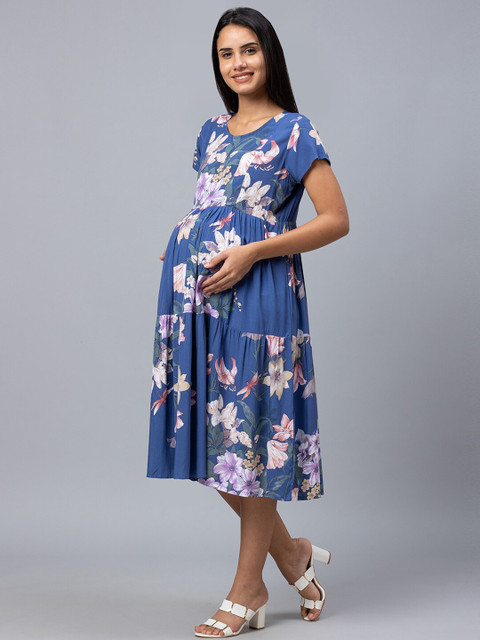 AV2 Navy Blue Floral Maternity A-Line Midi Dress - Image 4