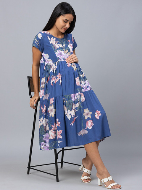 AV2 Navy Blue Floral Maternity A-Line Midi Dress