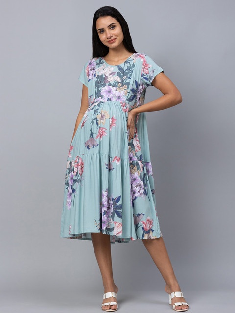 AV2 Blue Floral Printed Maternity Midi Dress - Image 2