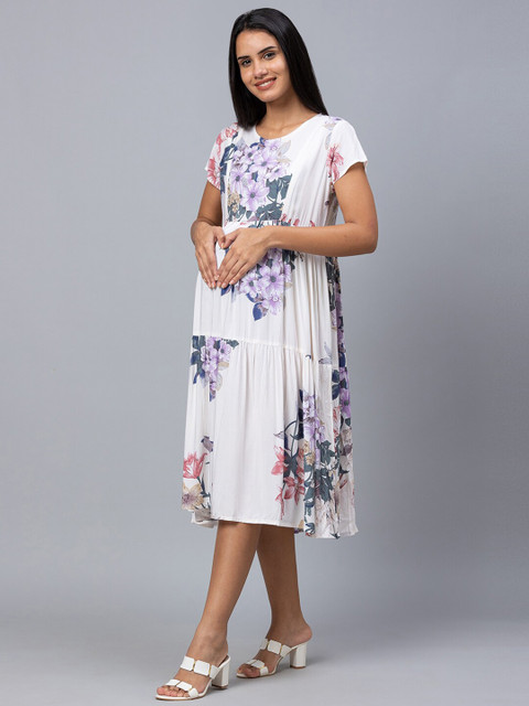 AV2 Off White & Lavender Floral Printed Maternity Midi Dress - Image 4