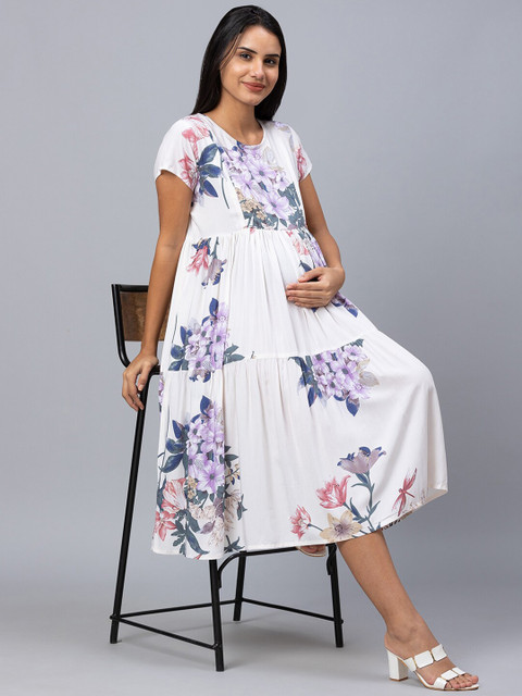 AV2 Off White & Lavender Floral Printed Maternity Midi Dress