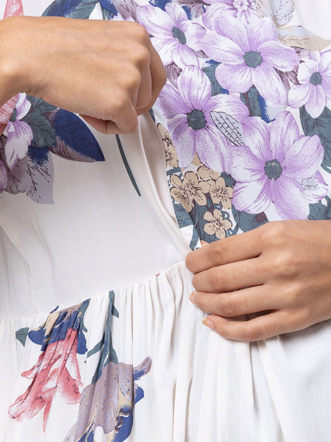 AV2 Off White & Lavender Floral Printed Maternity Midi Dress - Image 6