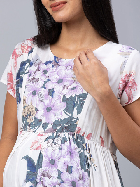 AV2 Off White & Lavender Floral Printed Maternity Midi Dress - Image 3