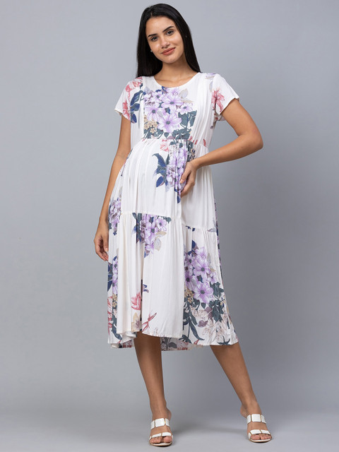 AV2 Off White & Lavender Floral Printed Maternity Midi Dress - Image 2