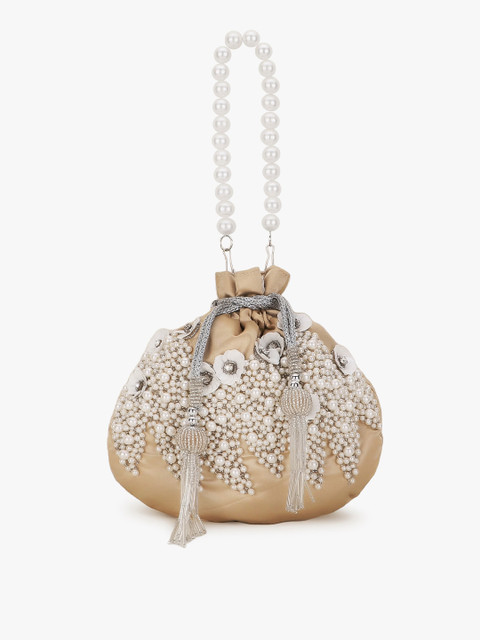 Anekaant Cream-Coloured & White Embellished Tasselled Potli Clutch