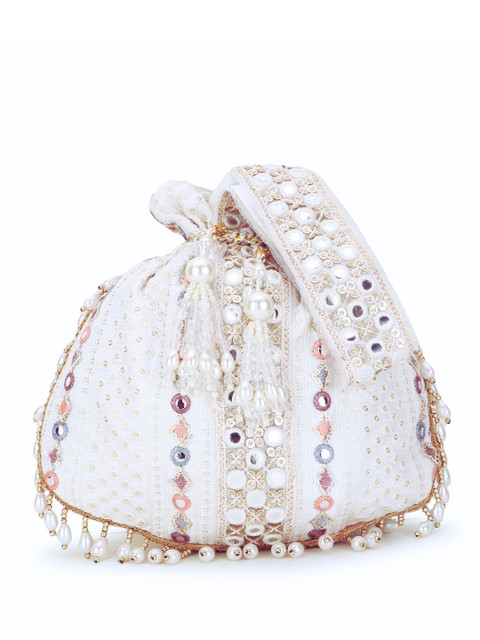 Anekaant Off White & Purple Embellished Tasselled Potli Clutch