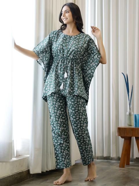 SANSKRUTIHOMES Women Olive Green & White Printed Pure Cotton Night suit