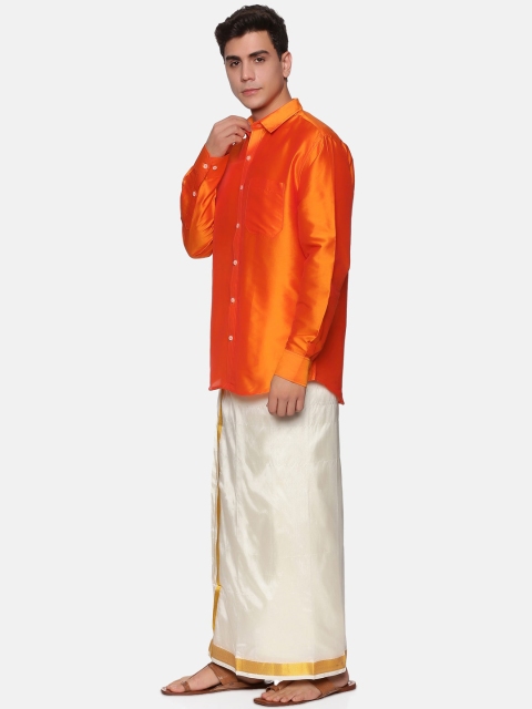 Sethukrishna Men Orange & Off White Clothing Set - Image 5