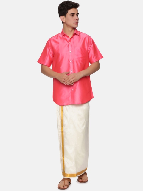 Sethukrishna Men Pink & White Shirt Veshti Set