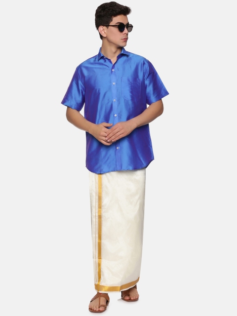 Sethukrishna Men Blue & White Shirt & Veshti Set - Image 7