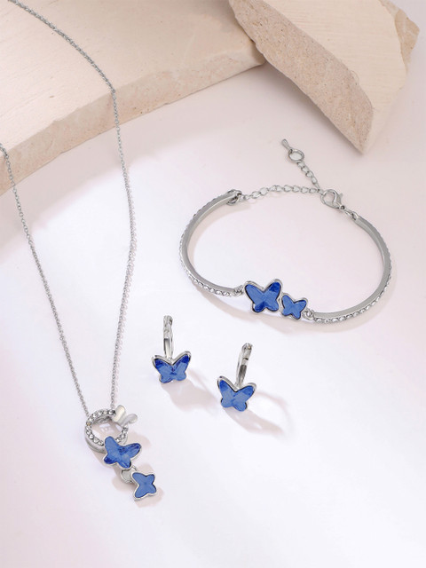 Yellow Chimes Silver-Tone Crystal Studded Butterfly Pendant With Earrings & Bracelet