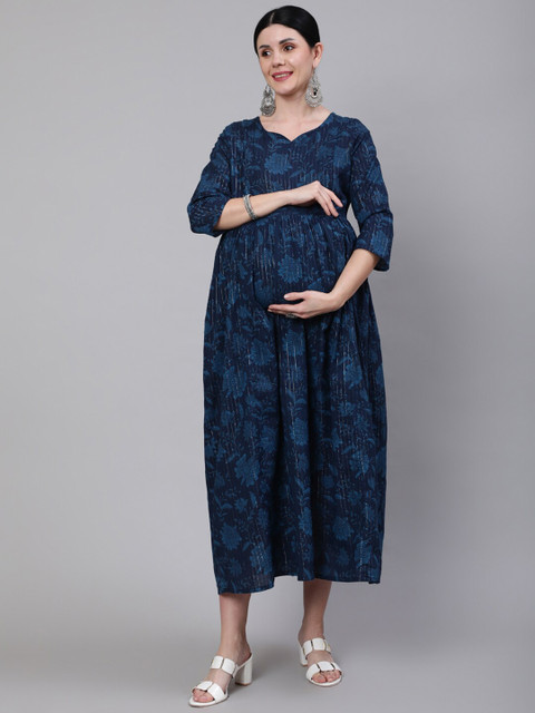 Nayo Women Navy Blue Ethnic Printed Maternity Dress