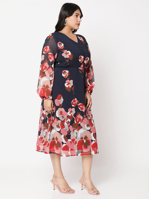 Curves by MISH Navy Blue & Red Plus Size Floral A-Line Midi Dress - Image 3