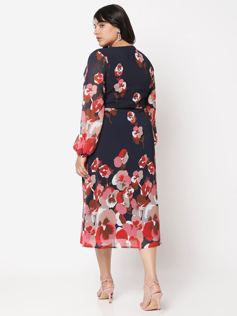 Curves by MISH Navy Blue & Red Plus Size Floral A-Line Midi Dress - Image 5