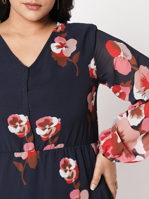 Curves by MISH Navy Blue & Red Plus Size Floral A-Line Midi Dress - Image 2