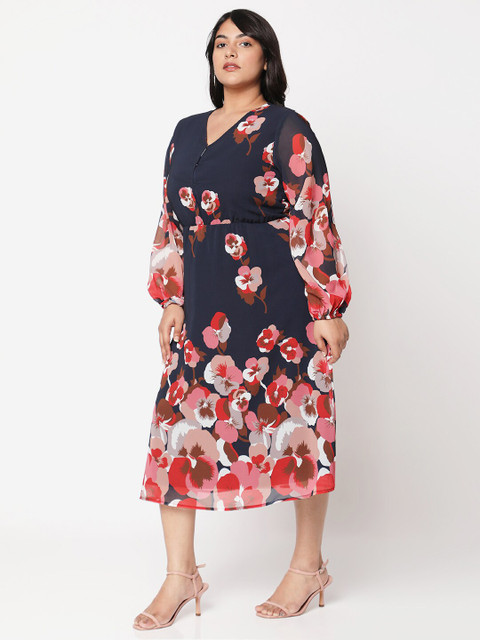 Curves by MISH Navy Blue & Red Plus Size Floral A-Line Midi Dress - Image 4