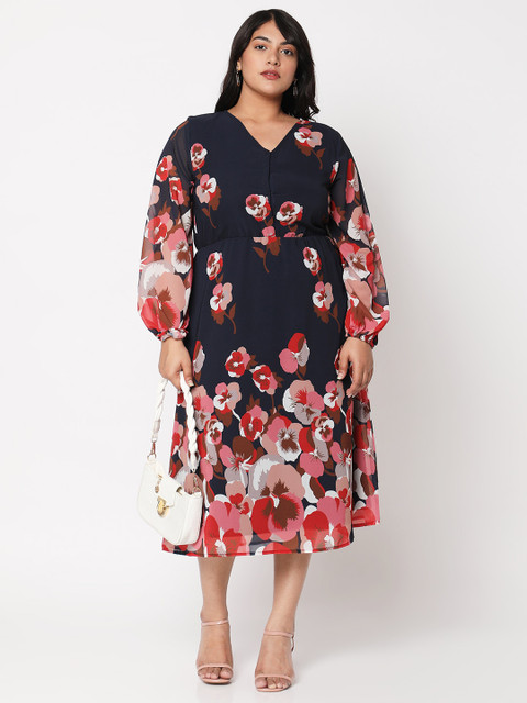 Curves by MISH Navy Blue & Red Plus Size Floral A-Line Midi Dress