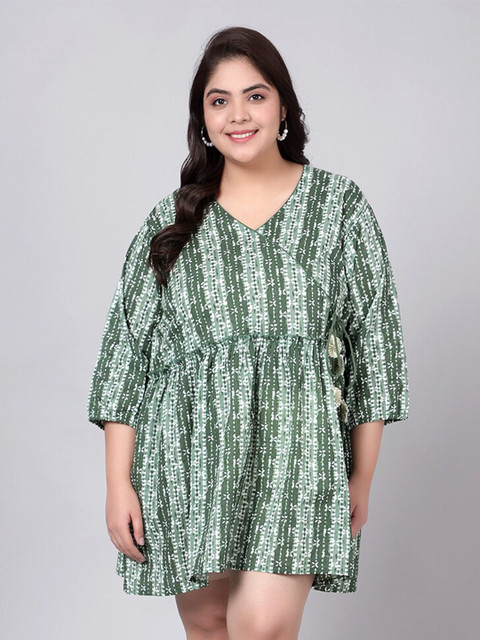 Indietoga Plus Size Green Hand Block Printed Pure Cotton Dress