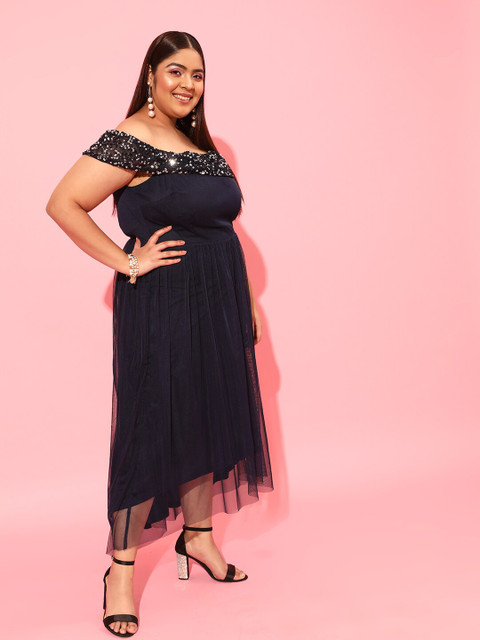 CURVY STREET Navy Blue Off-Shoulder Net A-Line Dress - Image 3