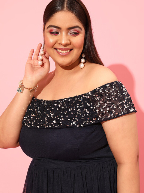 CURVY STREET Navy Blue Off-Shoulder Net A-Line Dress - Image 2