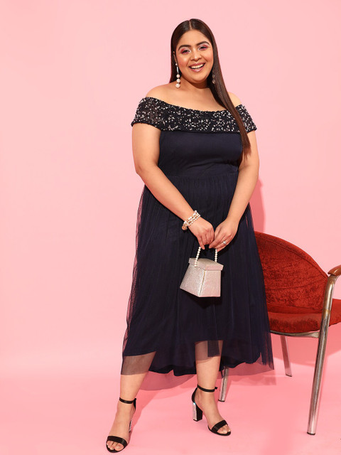 CURVY STREET Navy Blue Off-Shoulder Net A-Line Dress - Image 5