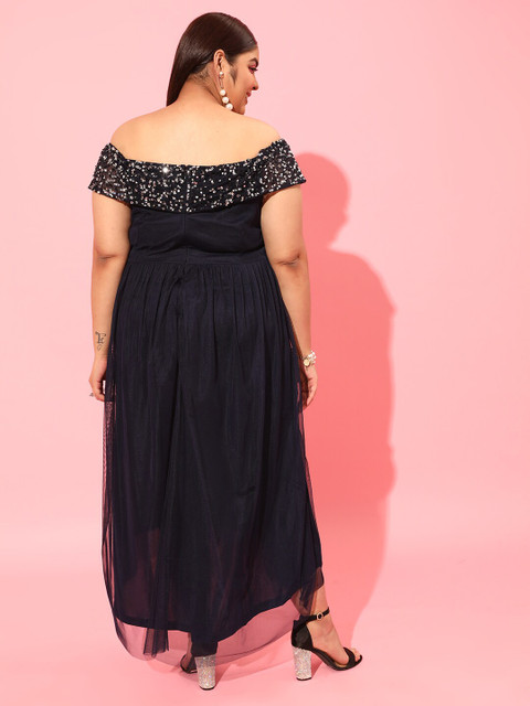 CURVY STREET Navy Blue Off-Shoulder Net A-Line Dress - Image 4