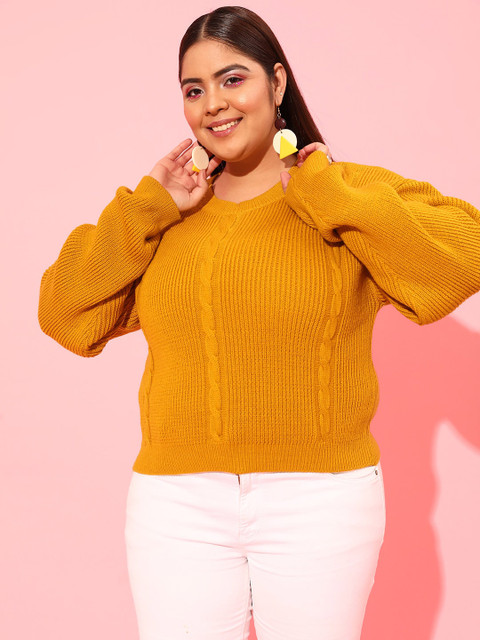 CURVY STREET Plus Size Women Mustard Cable Knit Acrylic Pullover