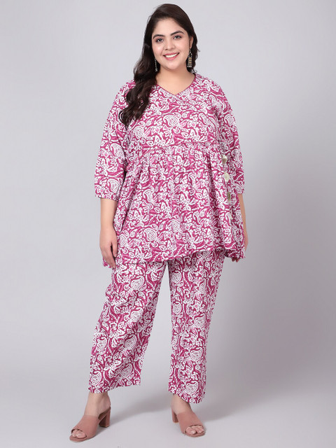 Indietoga Women Plus Size Pink Hand Block Printed Cotton Co-Ords