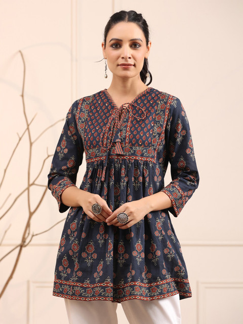 Rain & Rainbow Blue & Rust Floral Printed Pure Cotton Empire Kurti