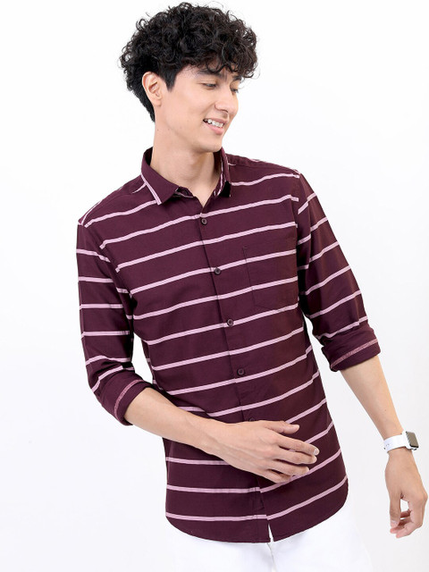 HIGHLANDER Men Burgundy Slim Fit Horizontal Striped Cotton Casual Shirt