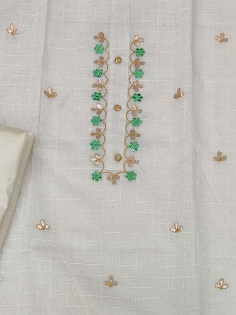 KALINI White & Green Embroidered Unstitched Dress Material - Image 4