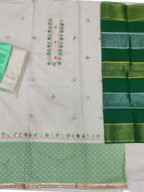 KALINI White & Green Embroidered Unstitched Dress Material - Image 3