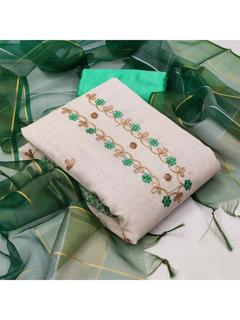 KALINI White & Green Embroidered Unstitched Dress Material