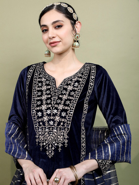 Vishudh Women Ethnic Motifs Embroidered Knited Velvet Kurta & Trousers with Dupatta