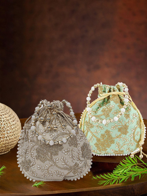 Kuber Industries Pack Of 2 Embroidery Hand Purse With Gold Pearl Border Potli Clutch