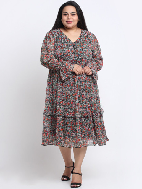 sindrellastorie Women Plus Size Floral Printed Georgette Midi Dress