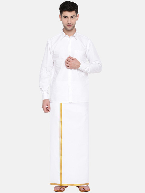 Ramraj Men Pack of 2 Ethnic Dhotis Gold jari and Silver jari - Image 3