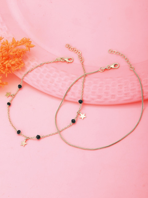 Carlton London Set of 2 Rose Gold Plated with Glass Bead and Star Charm Mismatch Anklet
