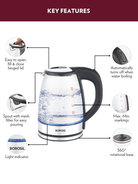 BOROSIL Transparent Borosilicate Glass Dry-boil Protection Electric Kettle 1.8 L - Image 4
