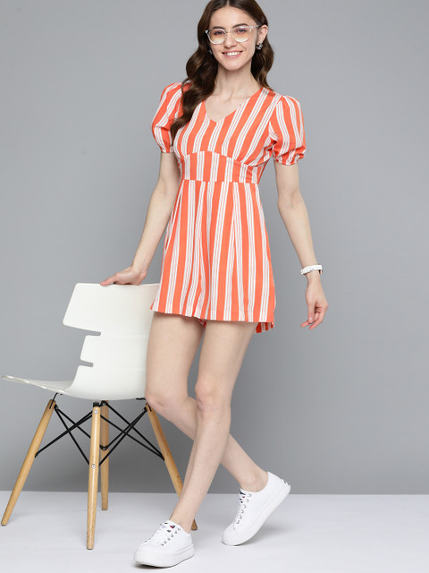 Mast & Harbour V-Neck Puff-Sleeves Striped Playsuit
