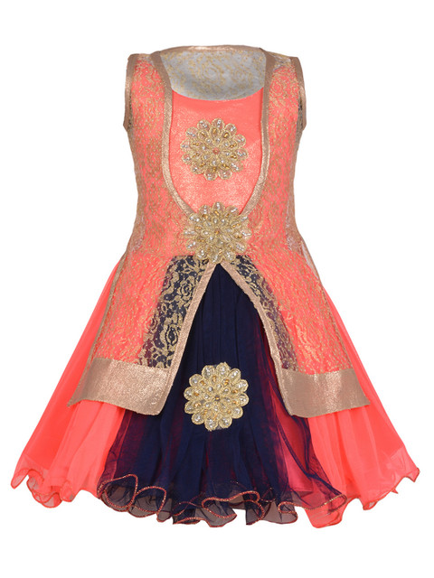 Aarika Girls Peach-Coloured and Navy blue Embellished Fit and Flare Dress