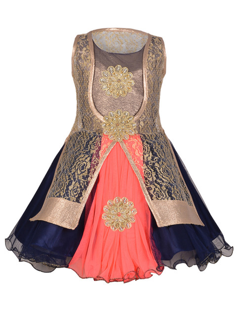 Aarika Girls Navy Blue & Peach Embellished Fit and Flare Dress